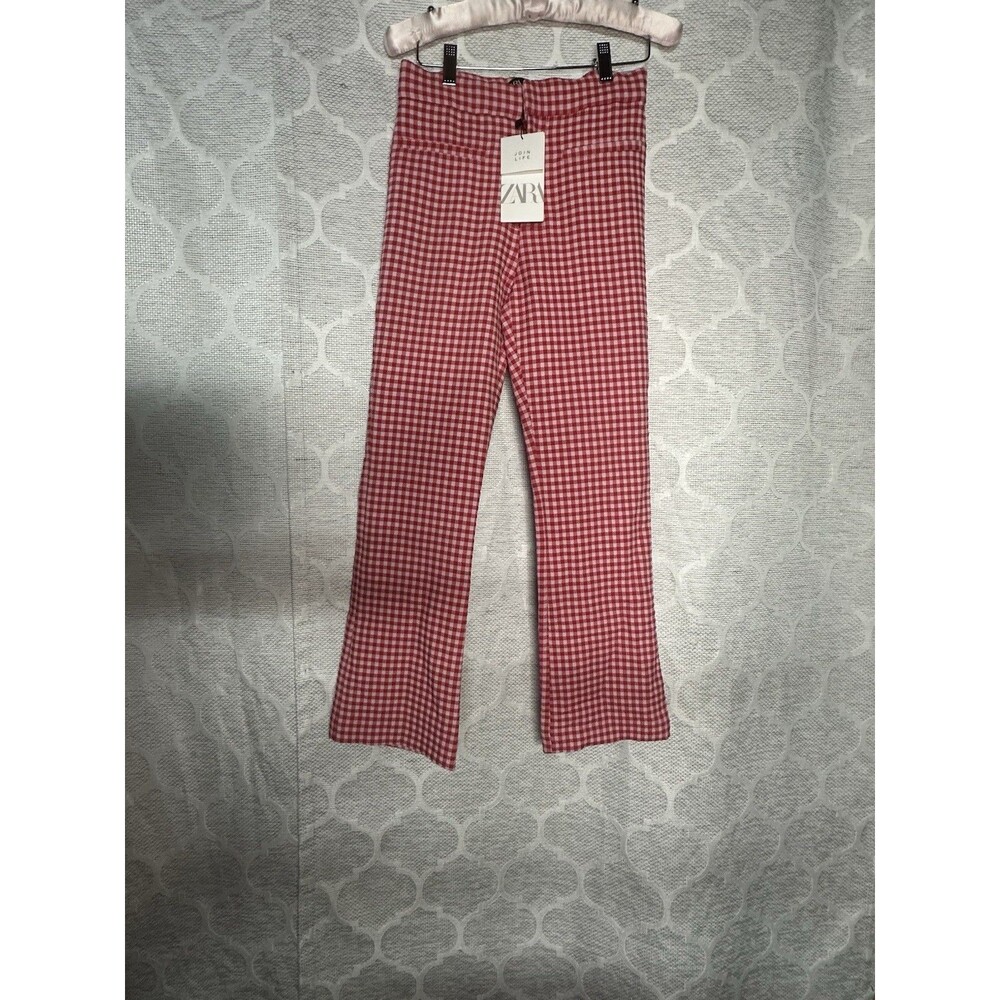 Zara Red White Gingham Plaid Flare Pants Leggings High Waisted NWT Size XS